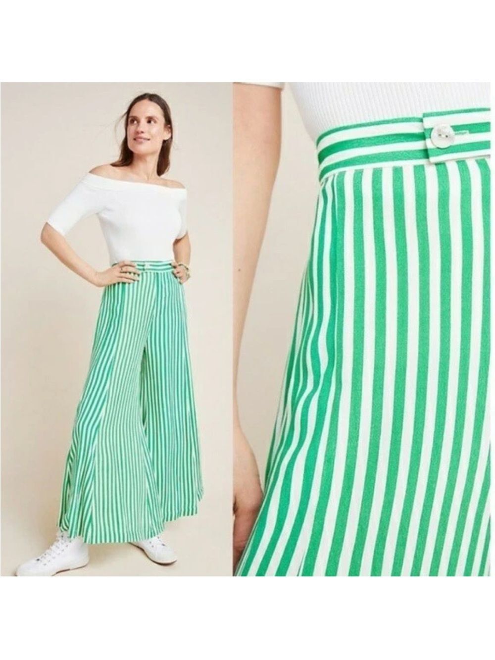 Anthropologie Mackenzie Green/white Stripe Extra Wide Leg Trouser Boho Sz 6